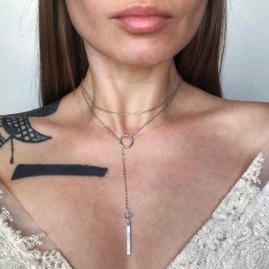 Long thin silver chain lariat necklace, blue topaz vertical bar necklace dainty